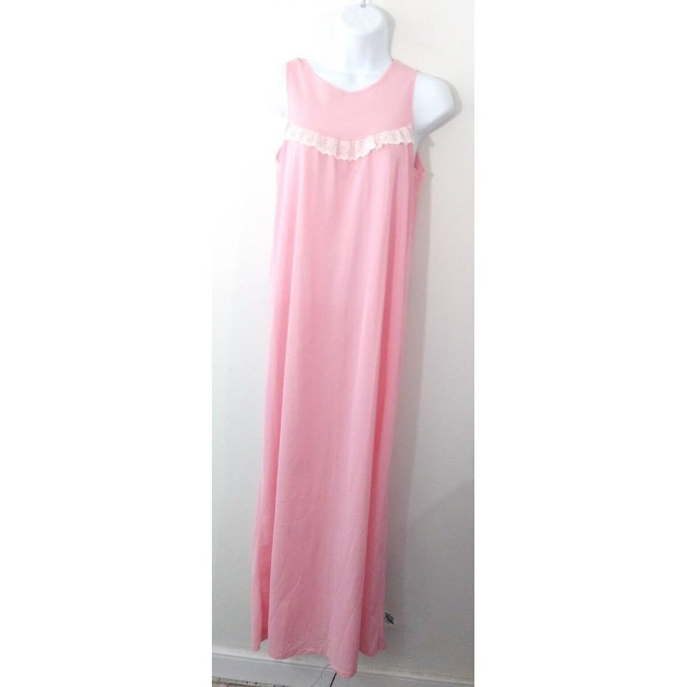 Women's JC Penney Pink Full Length Night Gown Size S (32) Sleeveless Eyelet Trim
